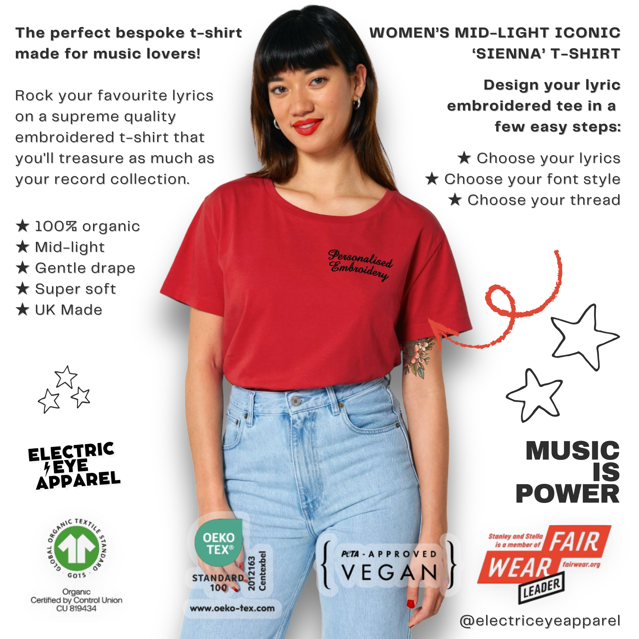 Personalised Lyric Left Chest Embroidered premium organic women's iconic mid-light 'Sienna' t-shirt - choose your own lyrics, font and thread colour