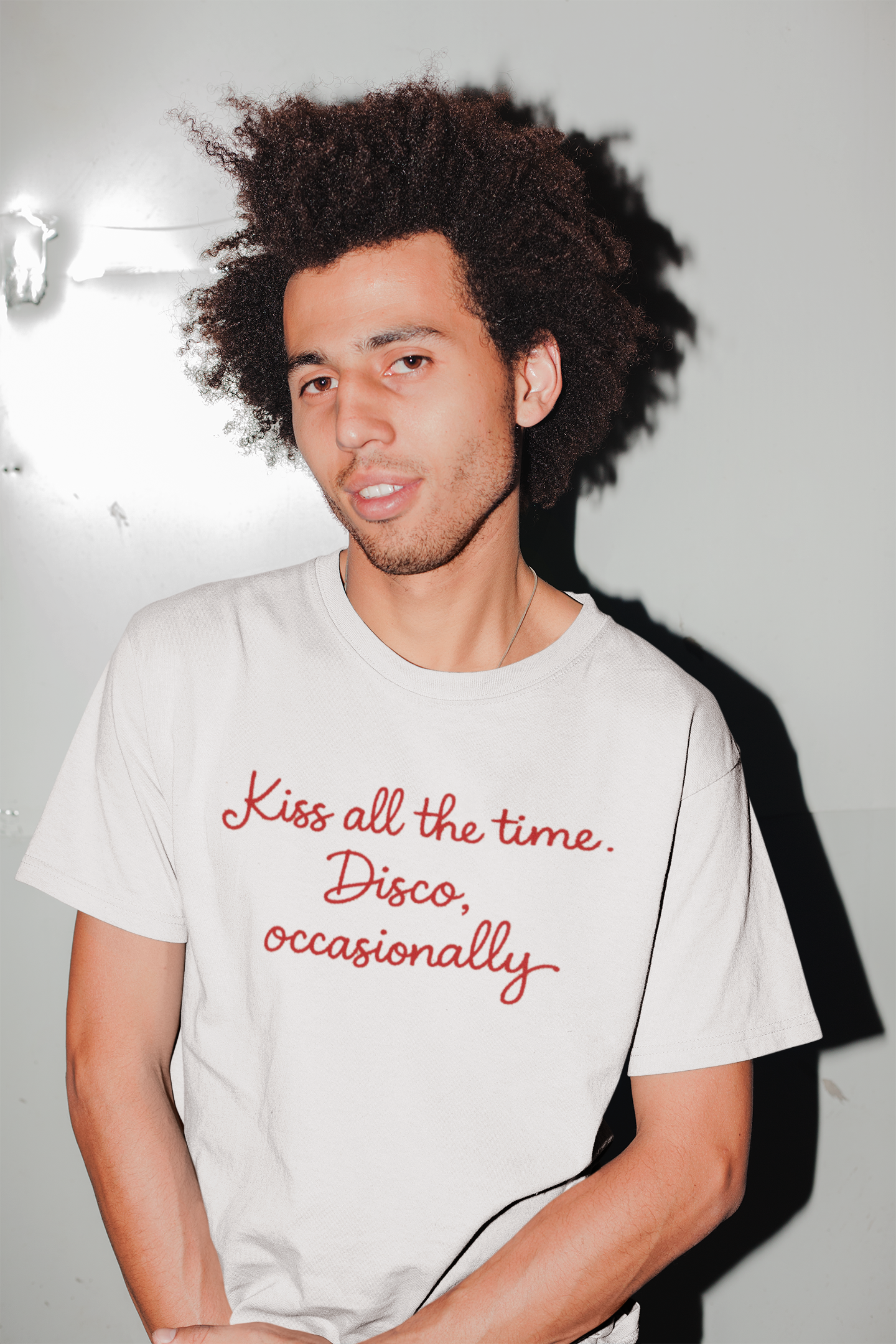 'KISS ALL THE TIME, DISCO OCCASIONALLY' embroidered premium organic unisex 'Creator' t-shirt