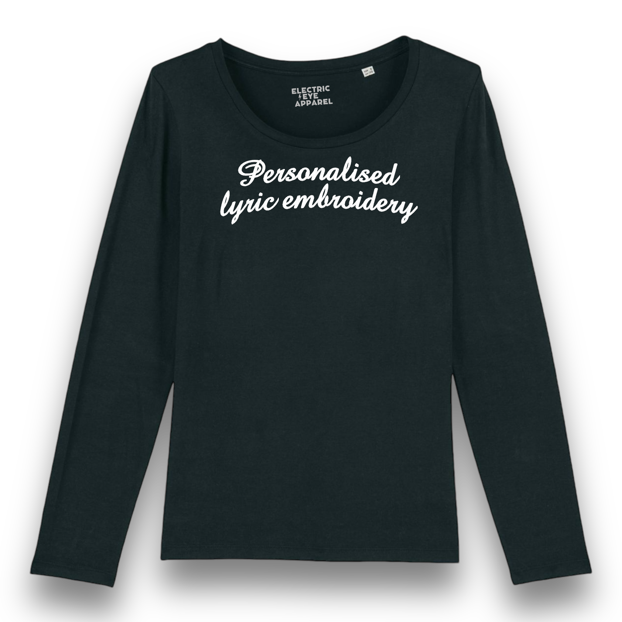 Personalised Lyric Centre Chest Embroidered premium organic iconic women's long sleeve 'Singer' t-shirt - choose your own lyrics, font and thread colour