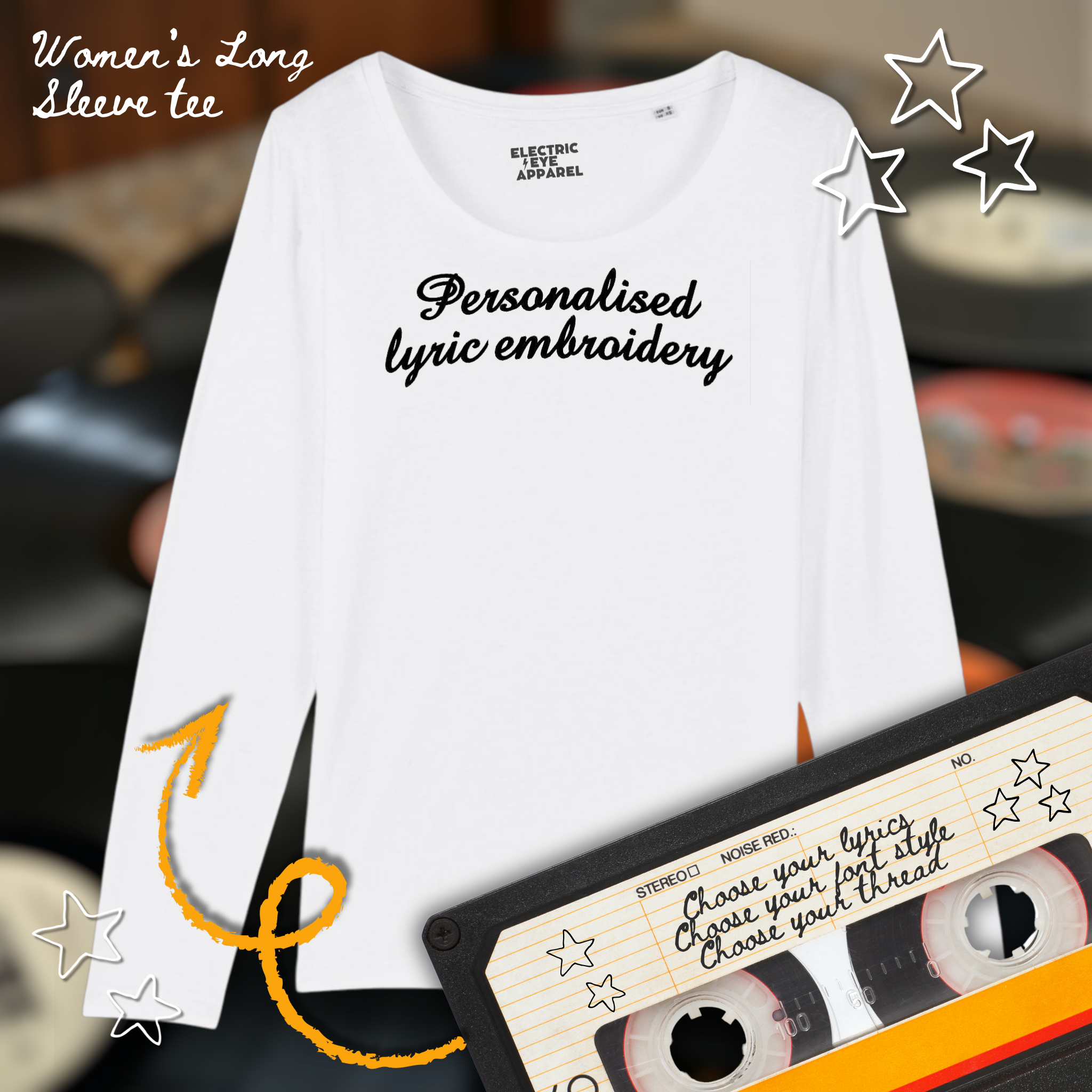 Personalised Lyric Centre Chest Embroidered premium organic iconic women's long sleeve 'Singer' t-shirt - choose your own lyrics, font and thread colour