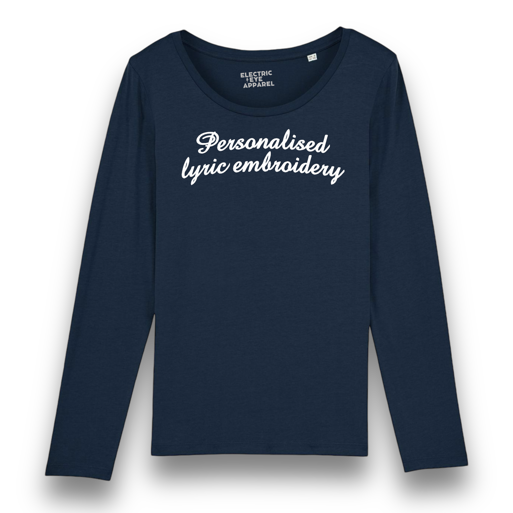 Personalised Lyric Centre Chest Embroidered premium organic iconic women's long sleeve 'Singer' t-shirt - choose your own lyrics, font and thread colour