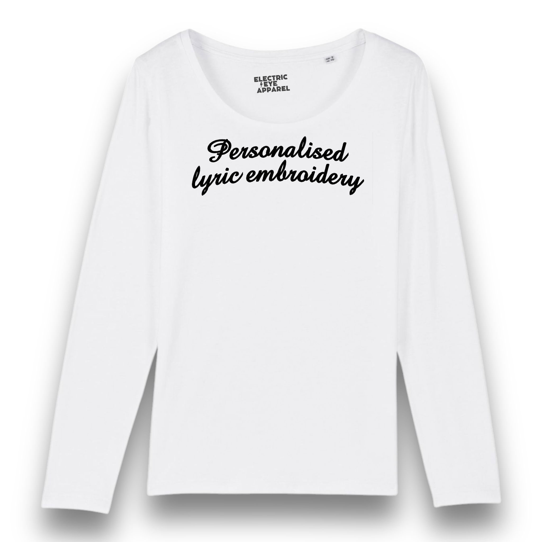 Personalised Lyric Centre Chest Embroidered premium organic iconic women's long sleeve 'Singer' t-shirt - choose your own lyrics, font and thread colour