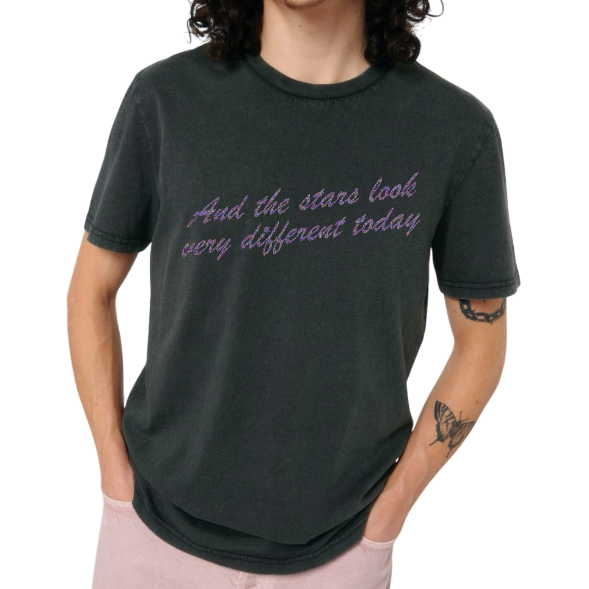 'AND THE STARS LOOK VERY DIFFERENT TODAY' glitter embroidered premium organic unisex vintage aged t-shirt - inspired by David Bowie