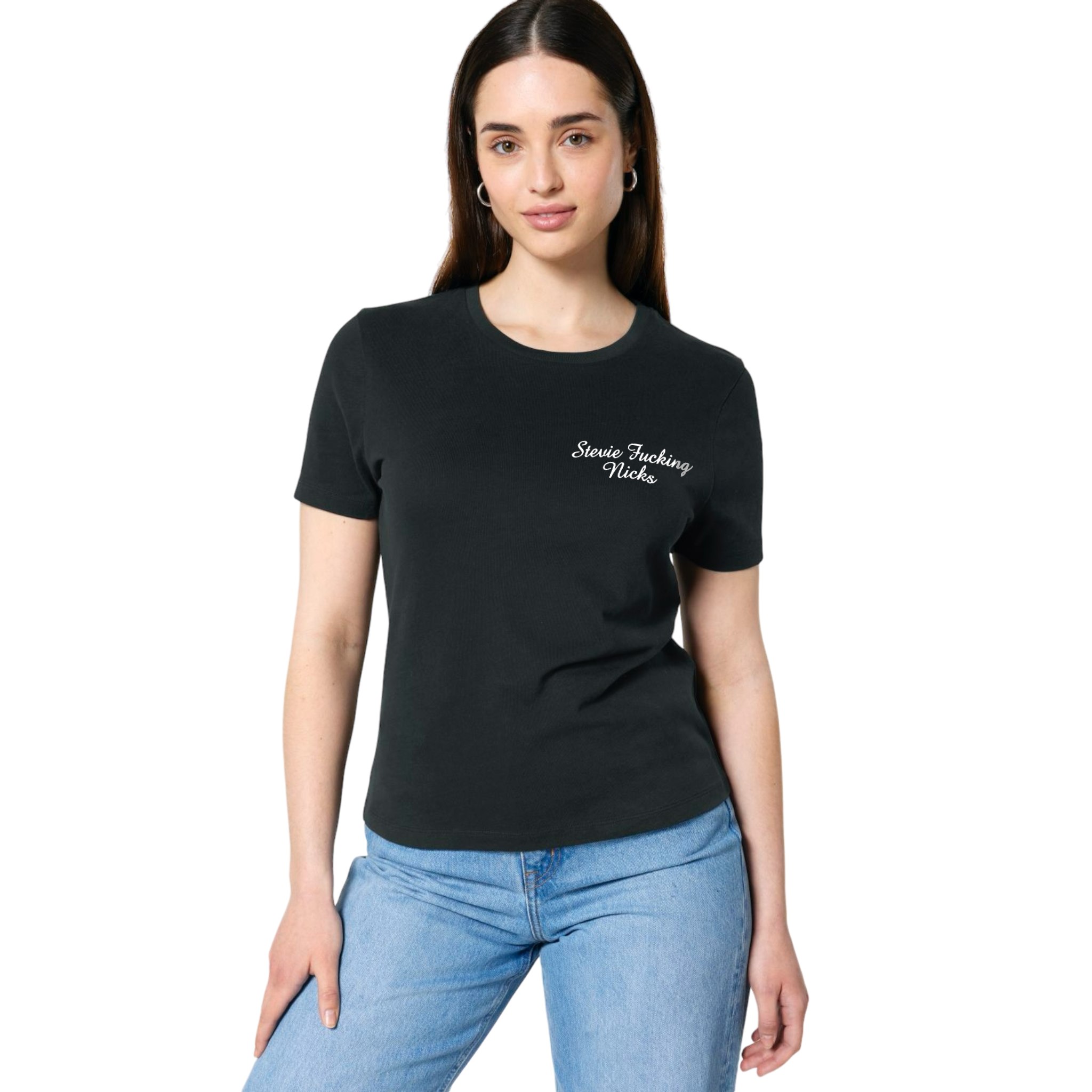 'STEVIE F*CKING NICKS' left chest embroidered premium organic women's 'muser' t-shirt