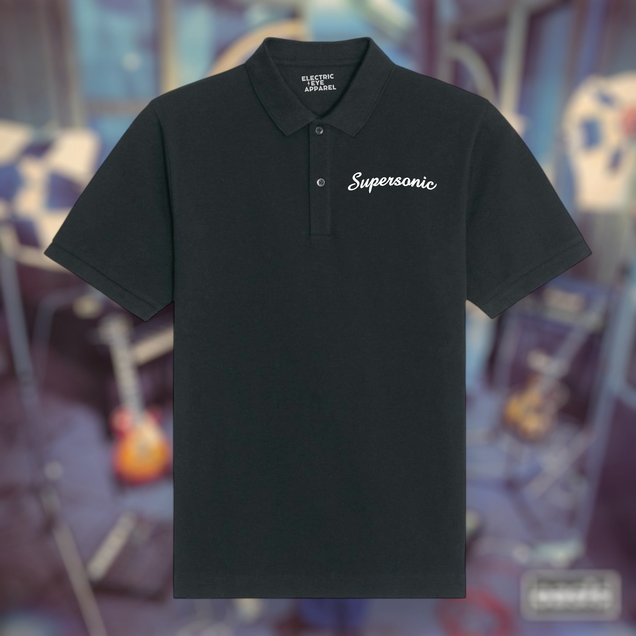 'SUPERSONIC' left chest embroidered premium organic men's 'Carnaby' polo shirt - inspired by Oasis