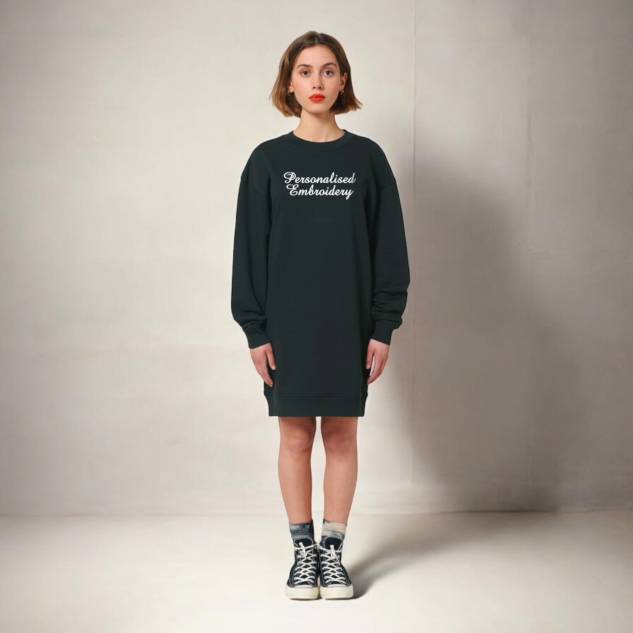 Personalised Lyric Centre Chest Embroidered premium organic women's oversized 'Kicker' sweatshirt dress- choose your own lyrics, font and thread colour