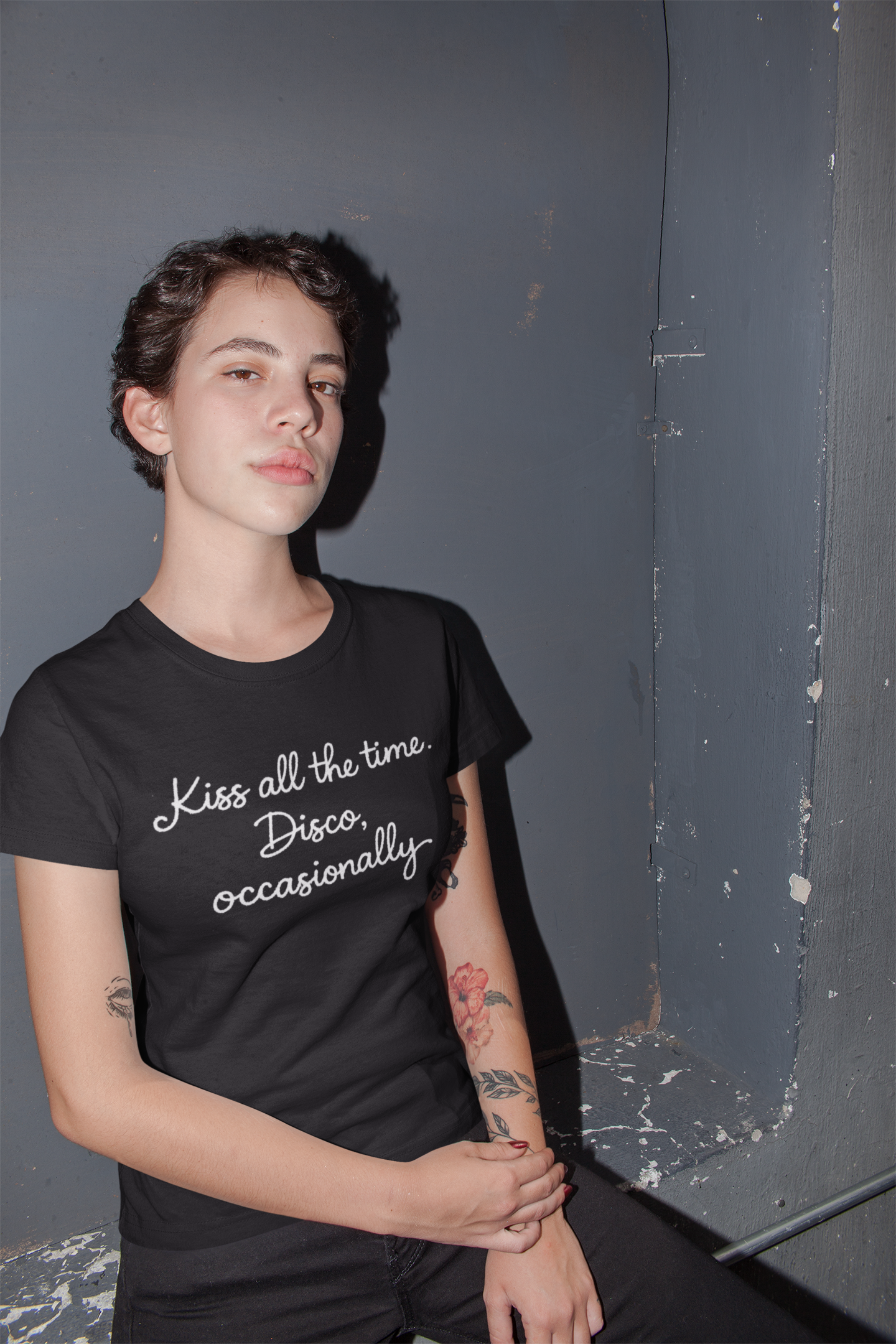 'KISS ALL THE TIME, DISCO OCCASIONALLY' embroidered premium organic women's classic fit 'Muser' t-shirt