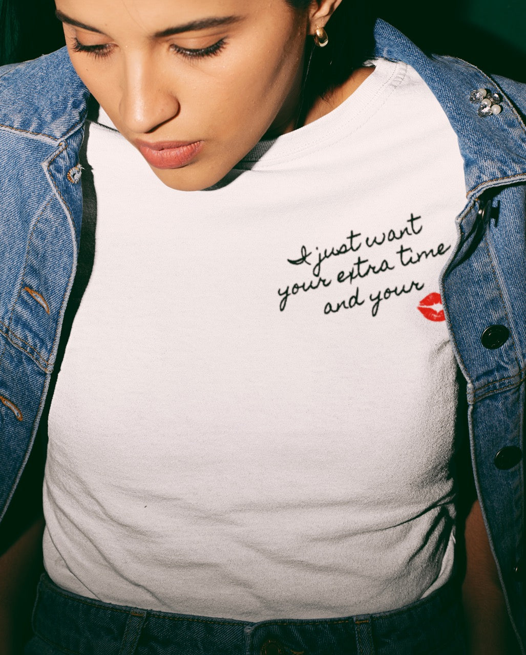 'I JUST WANT YOUR EXTRA TIME AND YOUR KISS' women's left chest embroidered premium organic medium fit 'Muser' t-shirt - inspired by Prince