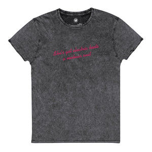 SHE'S GOT ELECTRIC BOOTS A MOHAIR SUIT Embroidered Vintage Aged Denim Style Unisex T-Shirt (pink text)