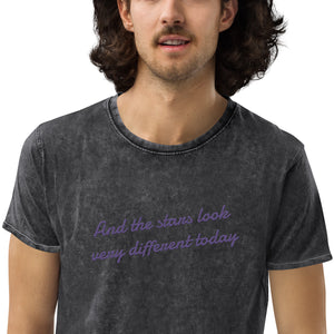 AND THE STARS LOOK VERY DIFFERENT TODAY Embroidered Vintage Aged Denim Style Unisex T-Shirt (purple embroidery)