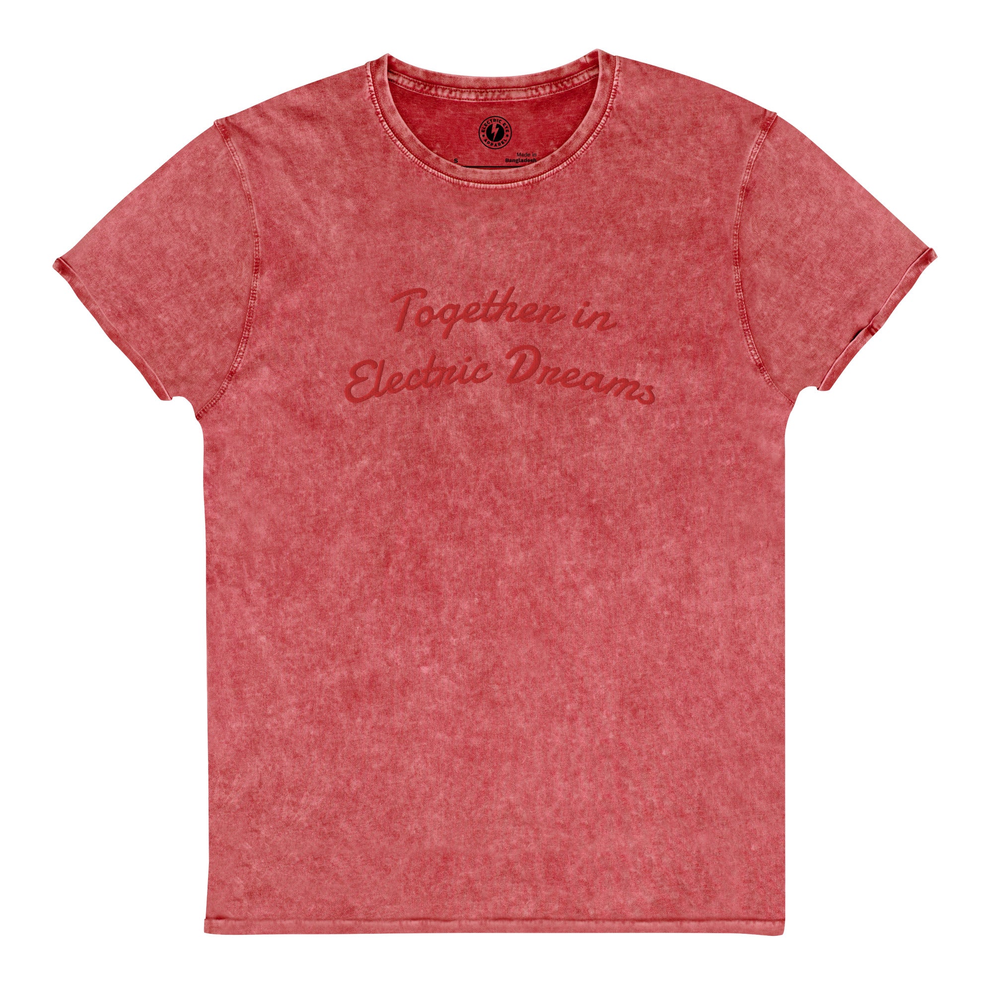 JUNTOS EN SUEÑOS ELÉCTRICOS Camiseta unisex estilo denim envejecido vintage bordada (texto rojo)