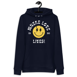 90s Inspired 'Where Love Lives' Smiley Lyric Premium Printed Unisex essential organic cotton hoodie