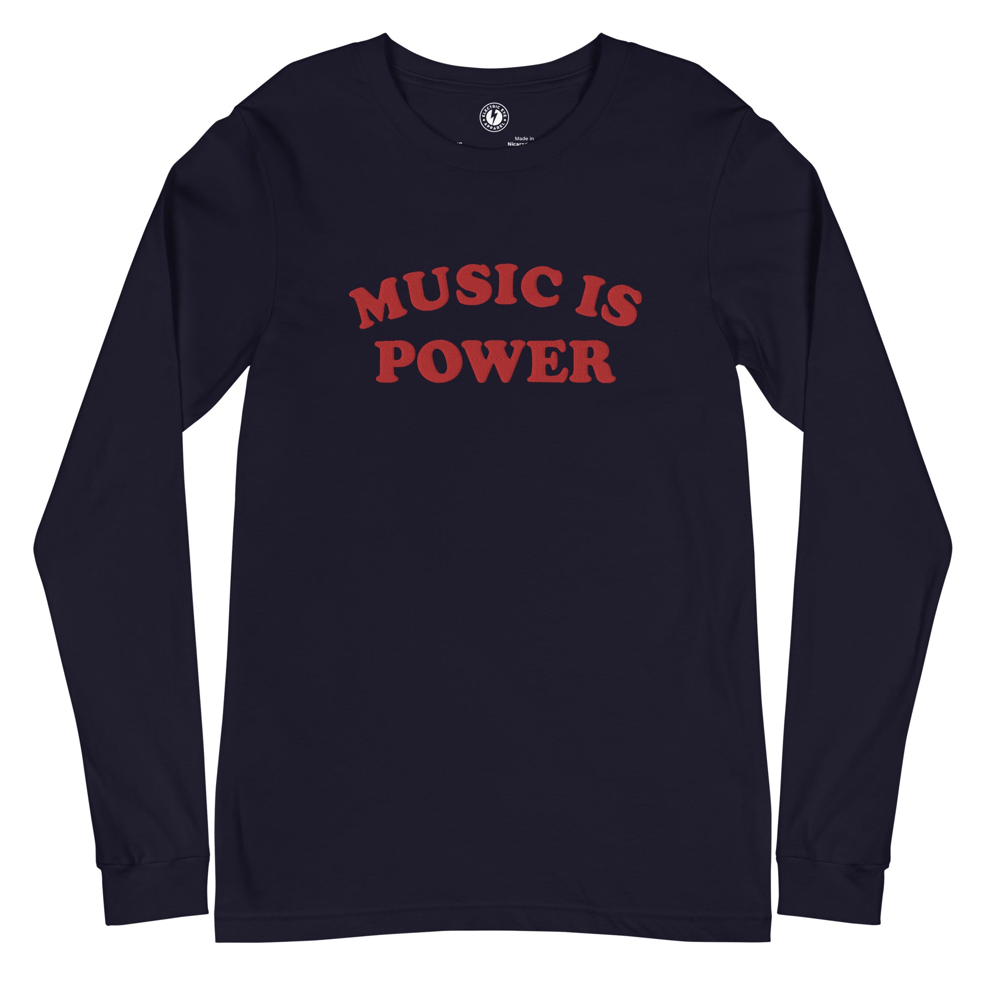 Music Is Power Embroidered Unisex Long Sleeve Tee - red embroidery