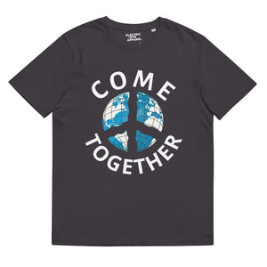 John Lennon Inspired Vintage 70s Style 'Come Together' Peace Globe Premium Printed Unisex 100% soft organic cotton t-shirt (white text)