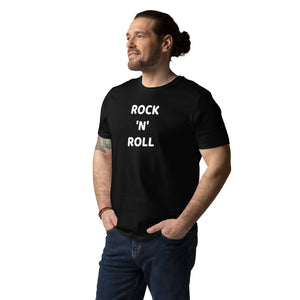 ROCK 'N' ROLL Camiseta unisex estampada de algodón orgánico (texto blanco)