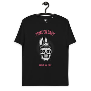 Come On Baby Light My Fire Skull Illustration Camiseta de algodón orgánico unisex estampada