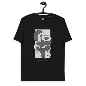 ROCK (Rock &amp; Roll Will Never Die) Ilustración 3D años 80 Camiseta estampada de algodón orgánico unisex