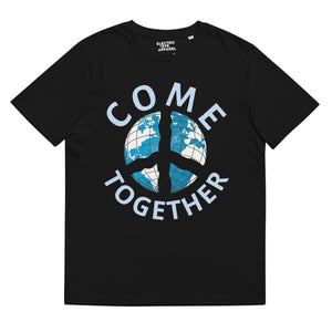 John Lennon Inspired Vintage 70s Style 'Come Together' Peace Globe Premium Printed Unisex 100% soft organic cotton t-shirt (pale blue text)