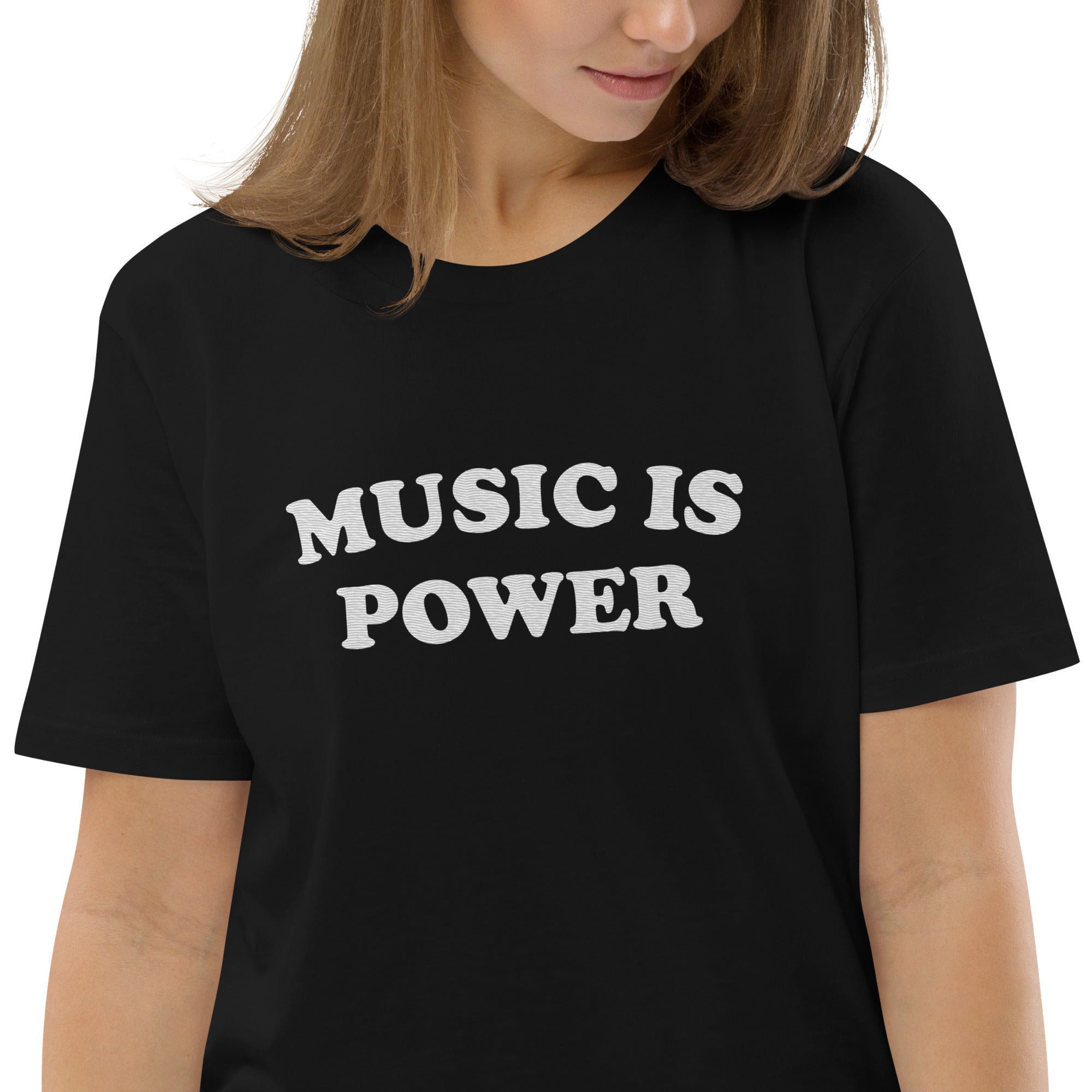 MUSIC IS POWER 刺绣男女通用有机棉 T 恤（白色文字）