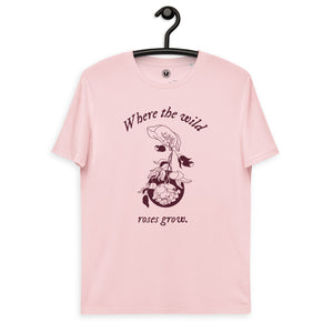 Donde crecen las rosas silvestres Camiseta estampada de algodón orgánico unisex