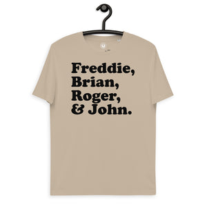 Freddie, Brian, Roger & John - Band Member Names - Premium Printed Unisex organic cotton t-shirt - Black Print