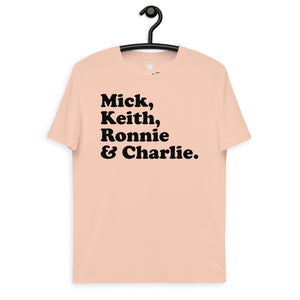 Mick、Keith、Ronnie 和 Charlie - 乐队成员姓名 - 优质印花中性有机棉 T 恤 - 黑色文字