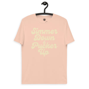 Simmer Down &amp; Pucker Up Camiseta de algodón orgánico unisex con estampado premium estilo años 70 - Vintage White Print
