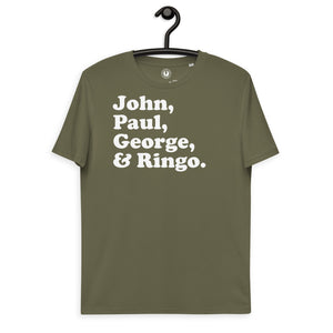 John、Paul、George 和 Ringo - 乐队成员姓名 - 优质印花男女通用有机棉 T 恤 - 白色印花
