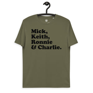 Mick、Keith、Ronnie 和 Charlie - 乐队成员姓名 - 优质印花中性有机棉 T 恤 - 黑色文字
