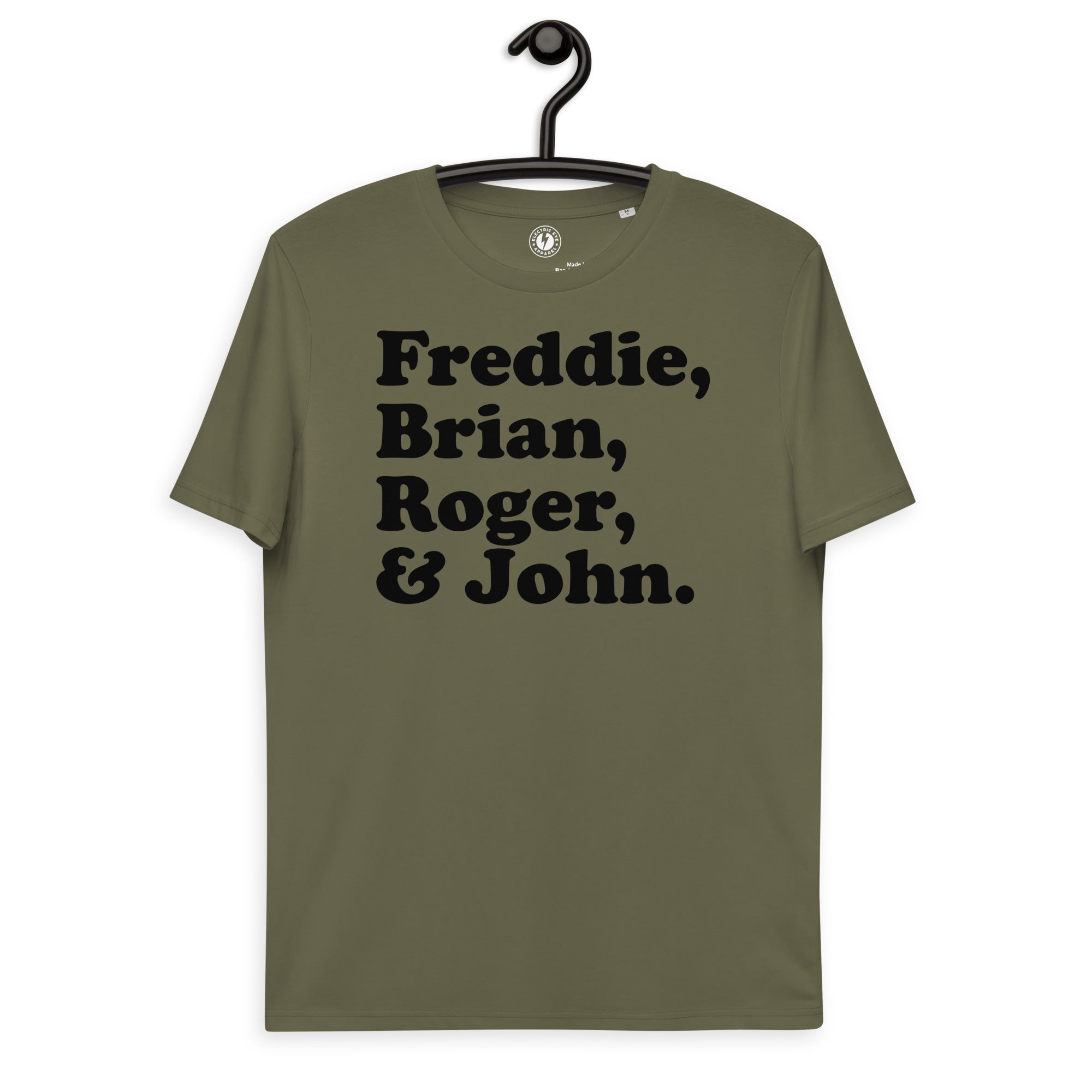 Freddie、Brian、Roger 和 John - 乐队成员姓名 - 优质印花男女通用有机棉 T 恤 - 黑色印花