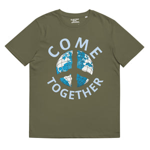 John Lennon Inspired Vintage 70s Style 'Come Together' Peace Globe Premium Printed Unisex 100% soft organic cotton t-shirt (pale blue text)