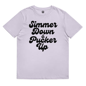 Simmer Down & Pucker Up 70's Style Typography Premium Printed Unisex organic cotton t-shirt - Black text