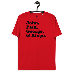 John、Paul、George 和 Ringo - 乐队成员姓名 - 优质印花男女通用有机棉 T 恤 - 黑色印花
