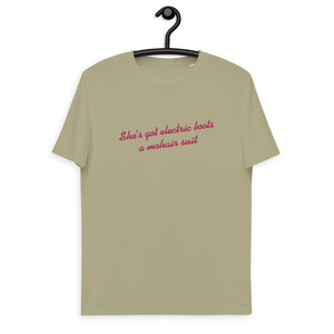 SHE'S GOT ELECTRIC BOOTS A MOHAIR SUIT Embroidered Unisex organic cotton t-shirt (pink text)