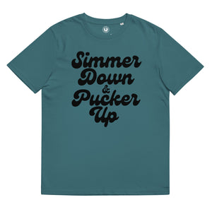 Simmer Down & Pucker Up 70's Style Typography Premium Printed Unisex organic cotton t-shirt - Black text