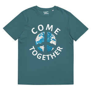 John Lennon Inspired Vintage 70s Style 'Come Together' Peace Globe Premium Printed Unisex 100% soft organic cotton t-shirt (white text)