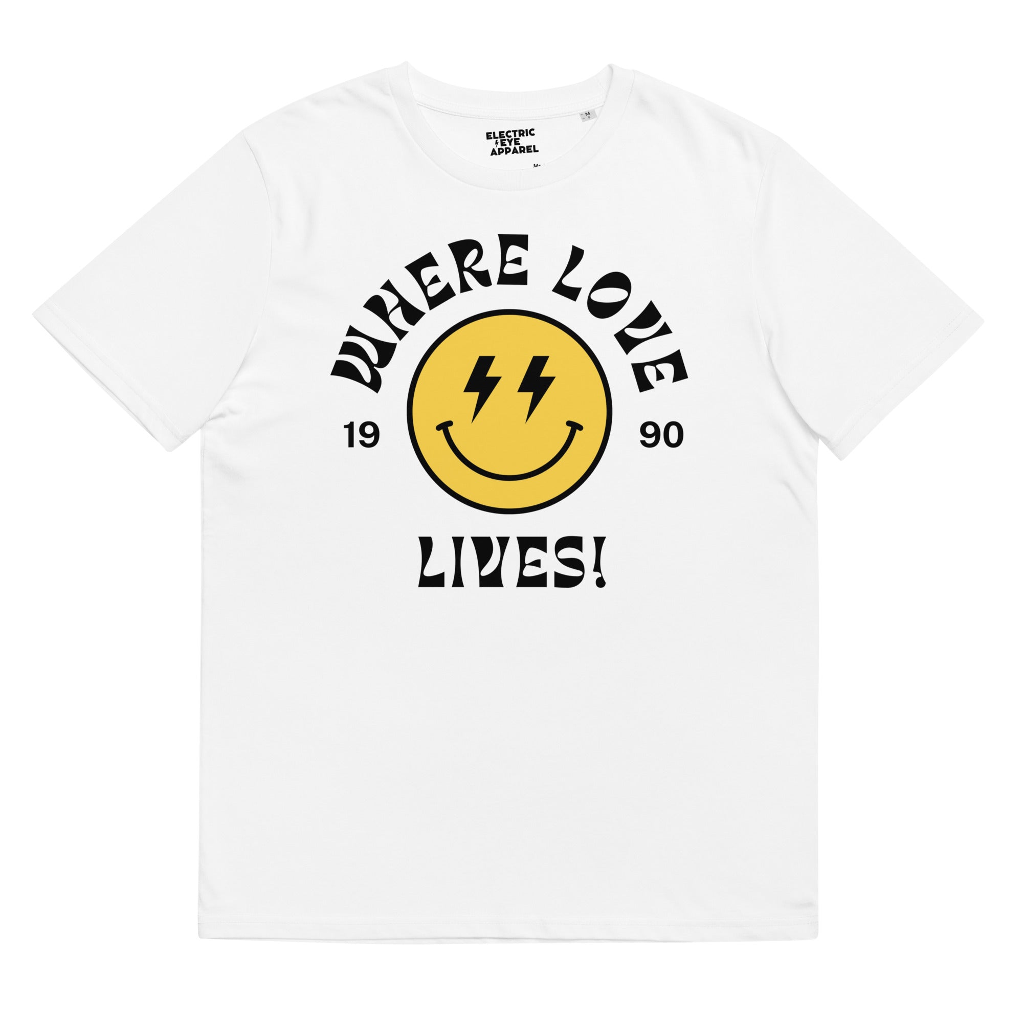 90s Inspired 'Where Love Lives' Smiley Lyric Premium Printed Unisex organic cotton t-shirt
