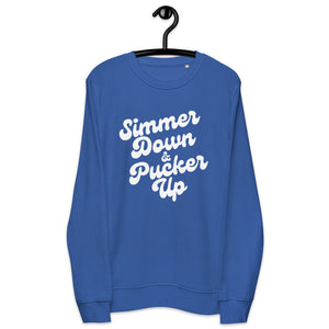 Simmer Down &amp; Pucker Up 70's Typography 优质印花男女通用有机运动衫 - 白色印花