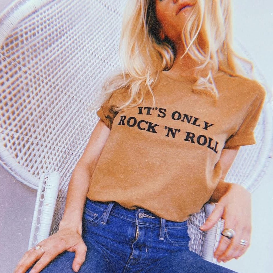 SAMPLE SALE 'IT'S ONLY ROCK 'N' ROLL' EMBROIDERED UNISEX GARMENT DYED ORGANIC COTTON 'CREATOR VINTAGE' T-SHIRT (SIZE SMALL)