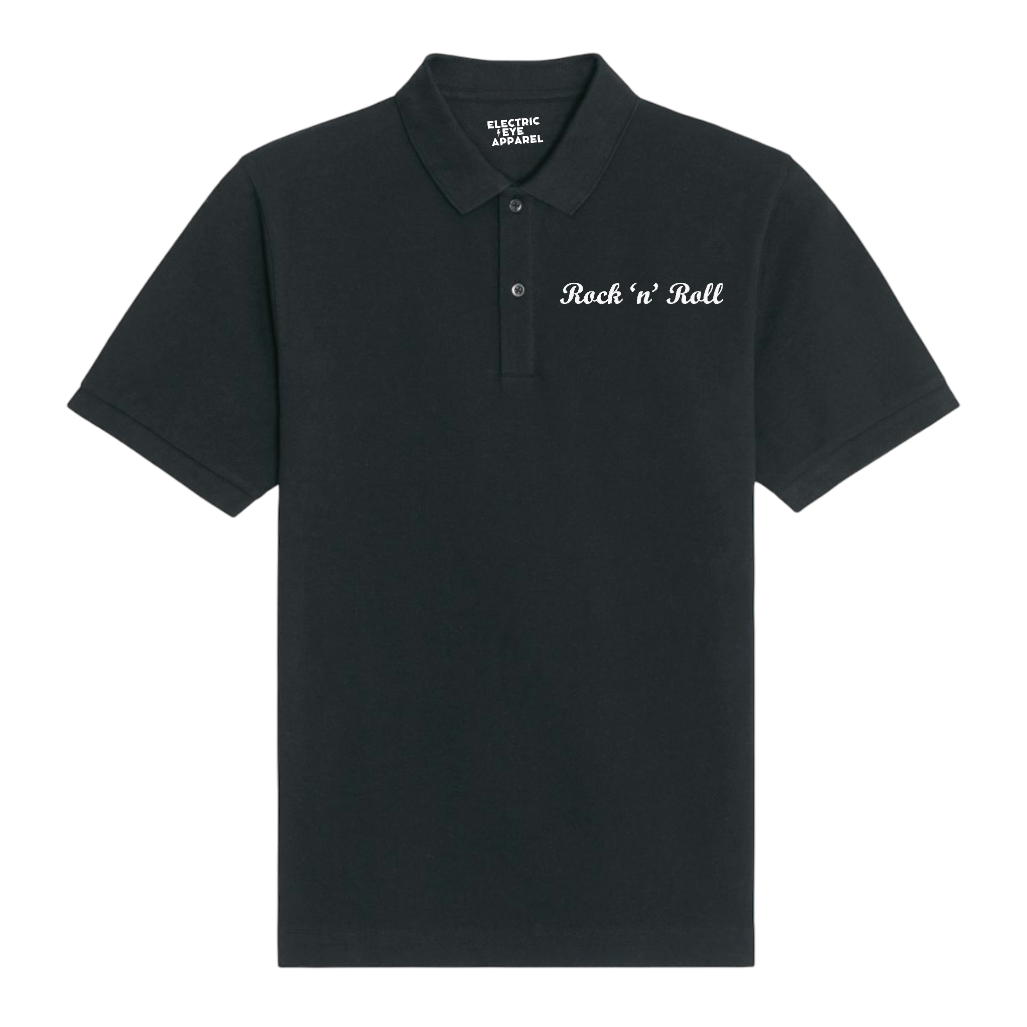 'ROCK 'N' ROLL' left chest embroidered premium organic men's 'Carnaby' polo