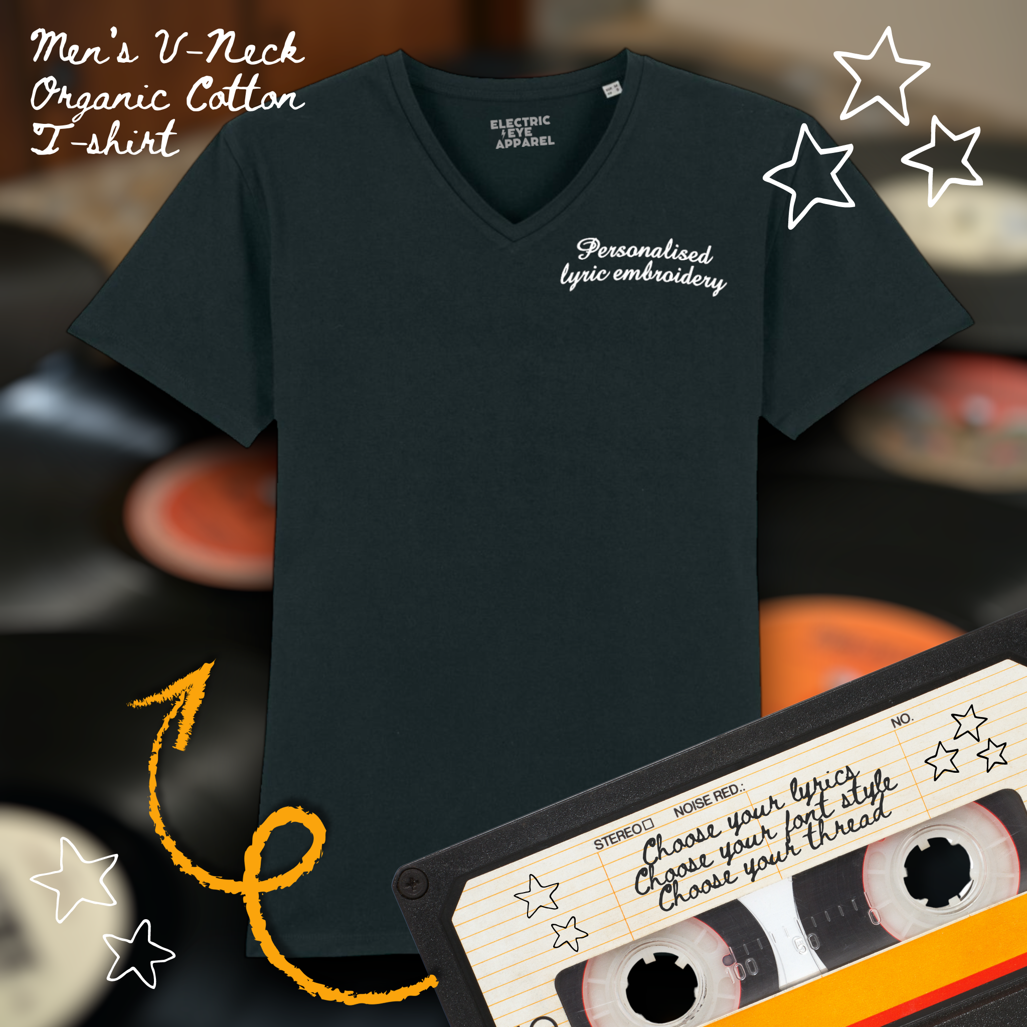 Personalised Lyric Left Chest Embroidered premium organic iconic men's v-neck 90s 'Presenter' t-shirt - choose your own lyrics, font and thread colour