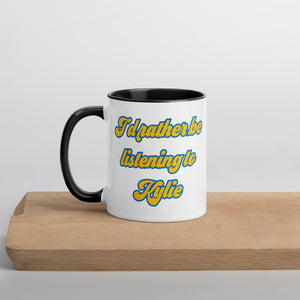 I'D RATHER BE LISTENING TO KYLIE Printed Retro Mug - Yellow / Blue font