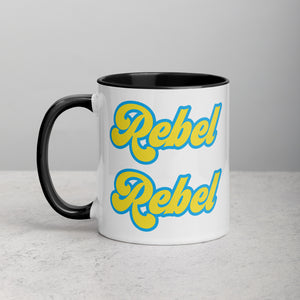 REBEL REBEL Retro 70s Printed Mug with Yellow / Blue font - optional inside colour