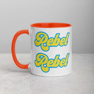 REBEL REBEL Retro 70s Printed Mug with Yellow / Blue font - optional inside colour