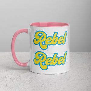 REBEL REBEL 复古 70 年代印花马克杯，带黄色/蓝色字体 - 可选内部颜色