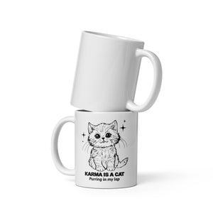 Karma Is A Cat Purring In My Lap Vintage Printed White glossy mug