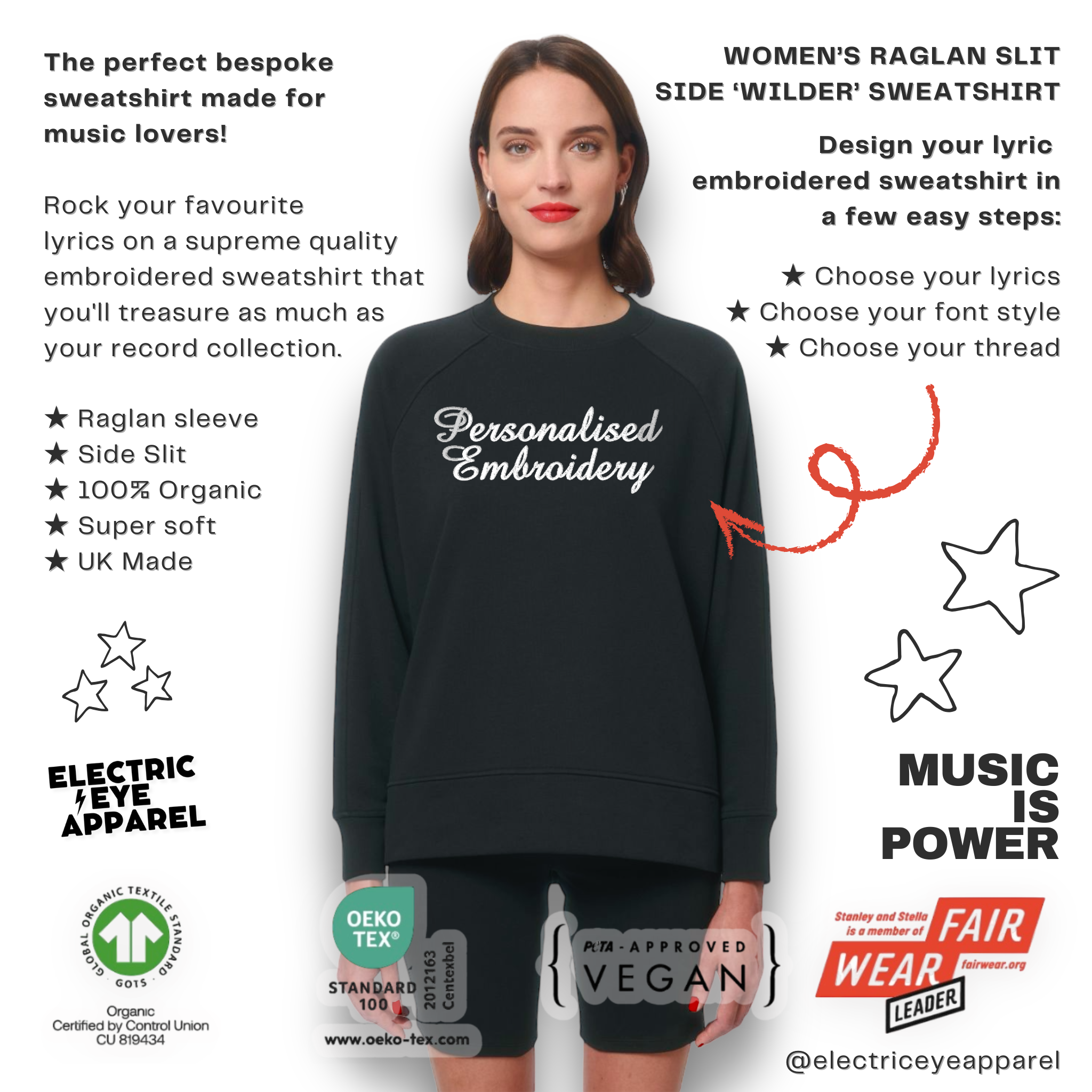 Personalised Lyric Centre Chest Embroidered premium organic women's oversized raglan sleeve side slit 'Wilder' sweatshirt - choose your own lyrics, font and thread colour