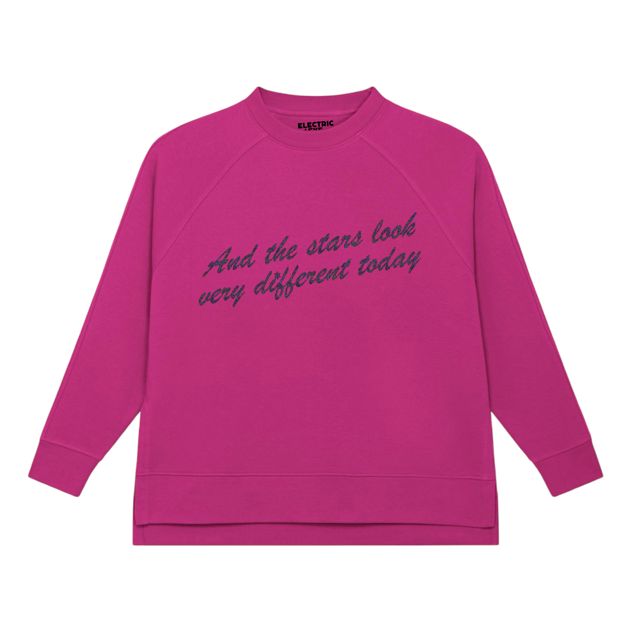 'AND THE STARS LOOK VERY DIFFERENT TODAY' glitter embroidered organic oversized side split women's wilder sweatshirt - inspired by David Bowie