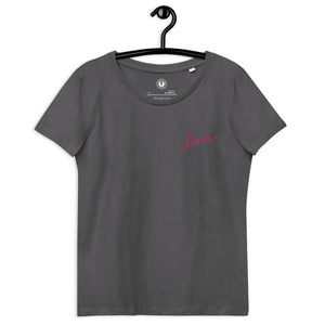 'Lover' Embroidered Women's Fitted Organic Swift T-shirt - Pink Thread