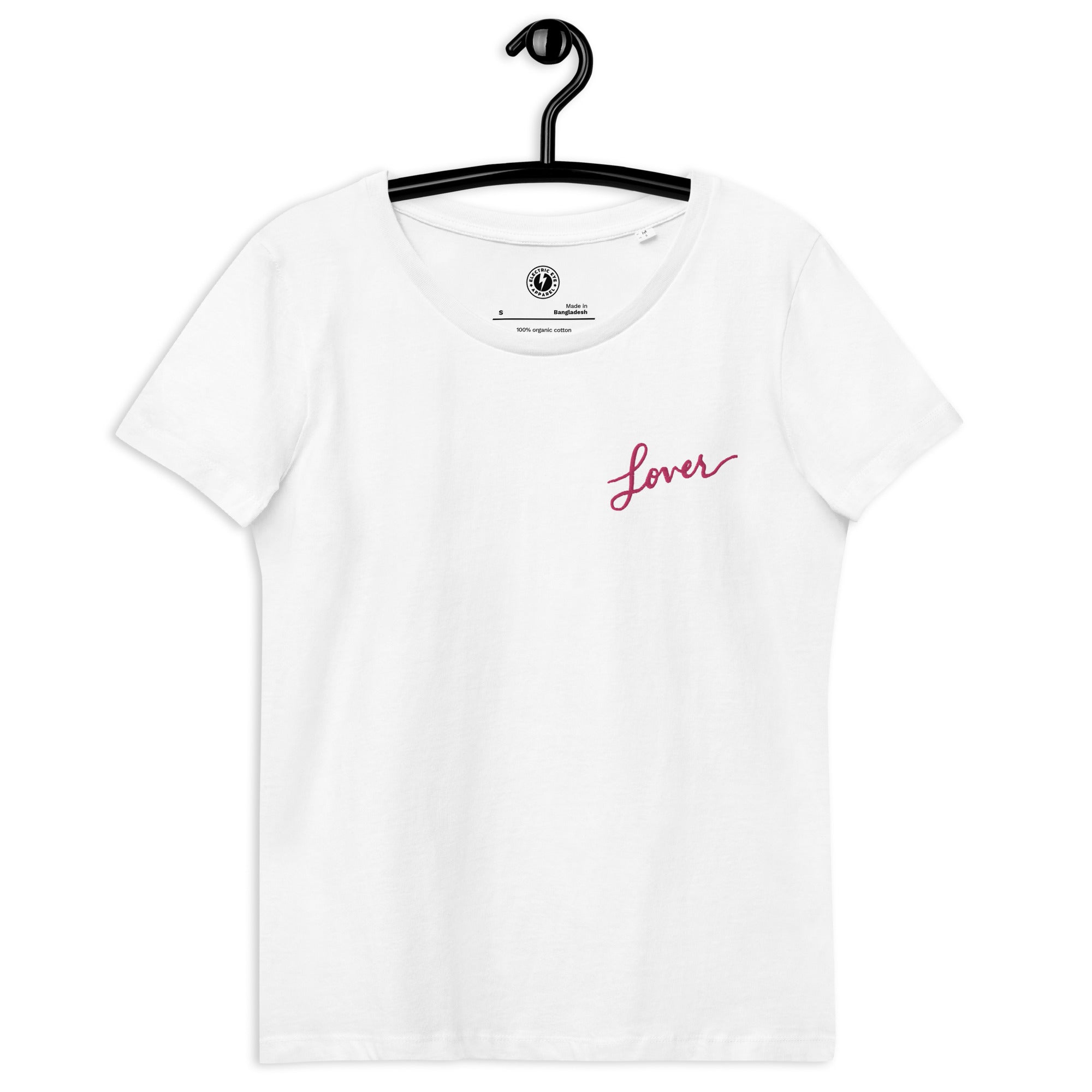 'Lover' Embroidered Women's Fitted Organic Swift T-shirt - Pink Thread